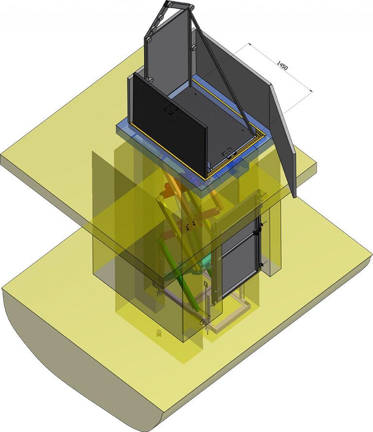 Monte charge à trappes en plan 3D - MSI agent d'usine agréé ATLAS LIFT en France