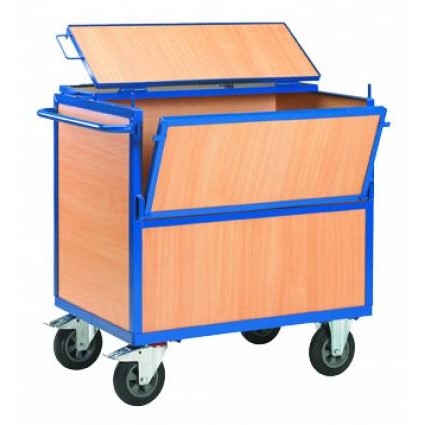 chariot container en bois, demi côté rabattable avec couvercle pour le transport de charges 500kg MSI Manutention France