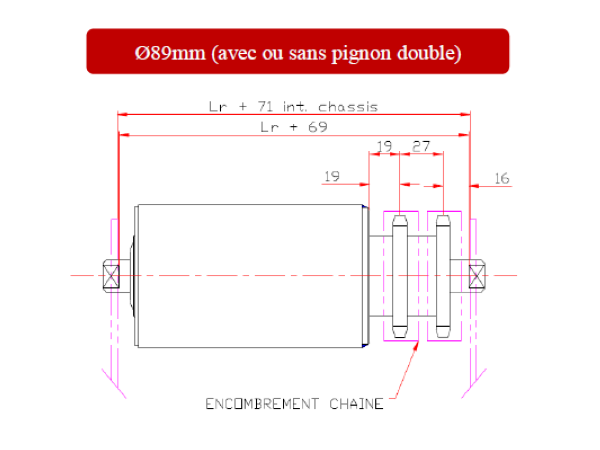 schéma dimensions rouleaux motorisés de manutention diamètre 89 mm, MSI France